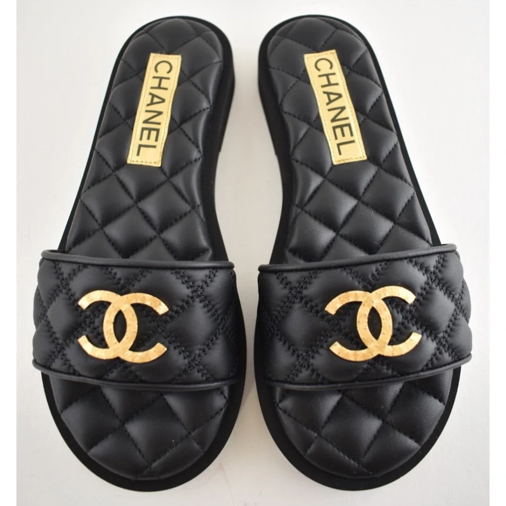 Chanel REV Black Quilted Leather Gold Logo Mule Slide Sandal Flip Flop Flat 35